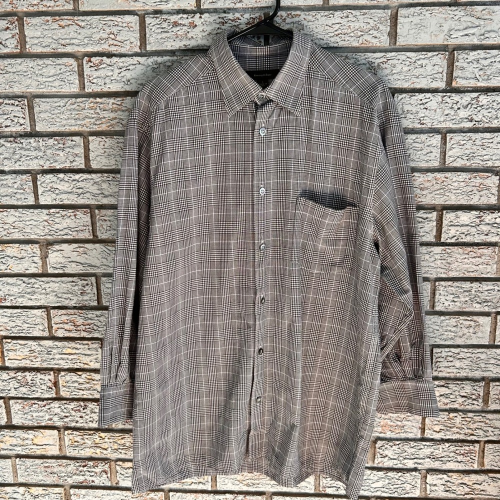Ermenegildo Zegna Mens Black White Glen Plaid Button Down Shirt‎ Made in Italy L